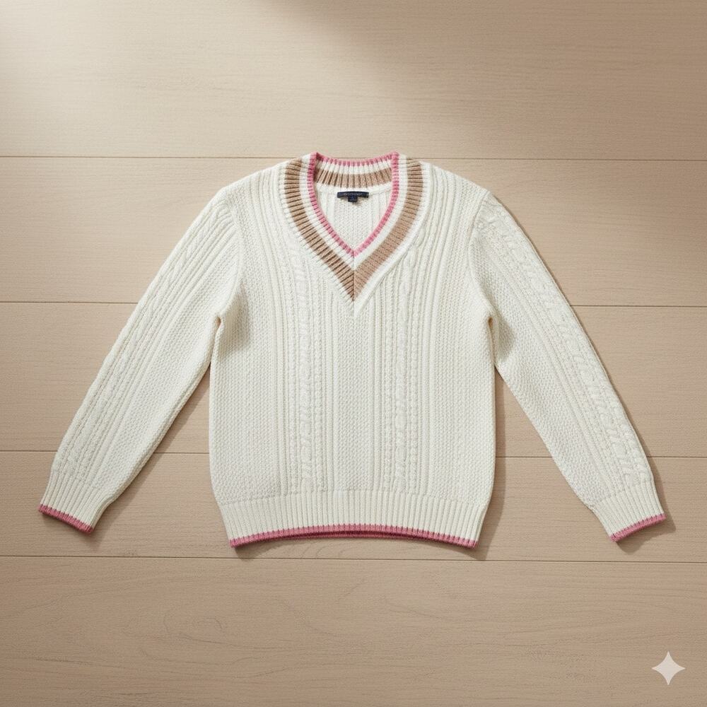 Tommy Hilfiger Womens V-Neck Cable Knit Sweater White SP Preppy Old Money
